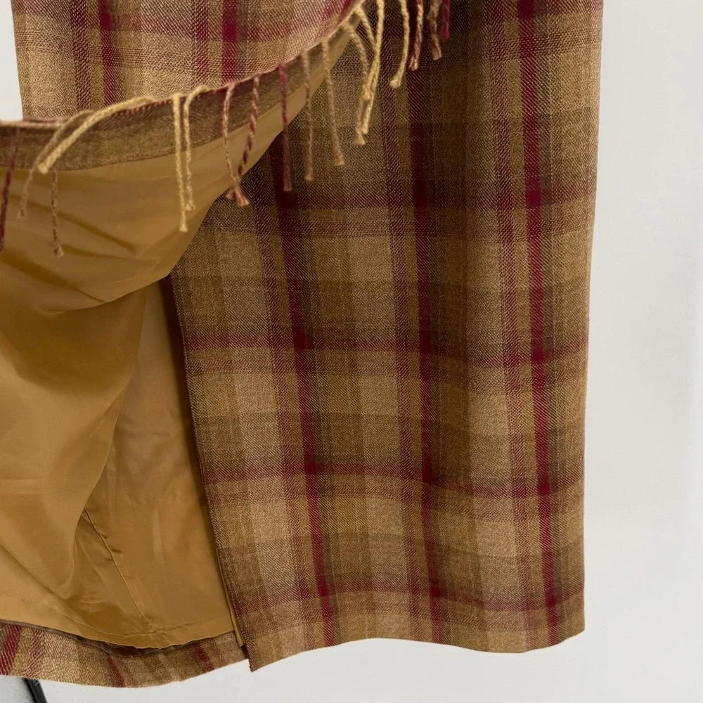 Talbots Wrap Skirt Womens 8 Tan Burgundy Tartan Plaid Wool Fringed Long VTG READ